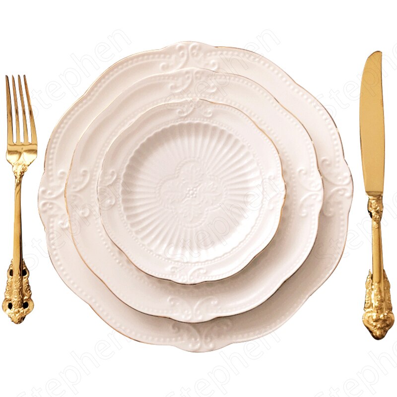 Golden Stroke Dessert Plate Nordic Modern Relief Craft Steak Pasta Dinner Plates Ceramic Carving Cake Fruit Dishes Tableware