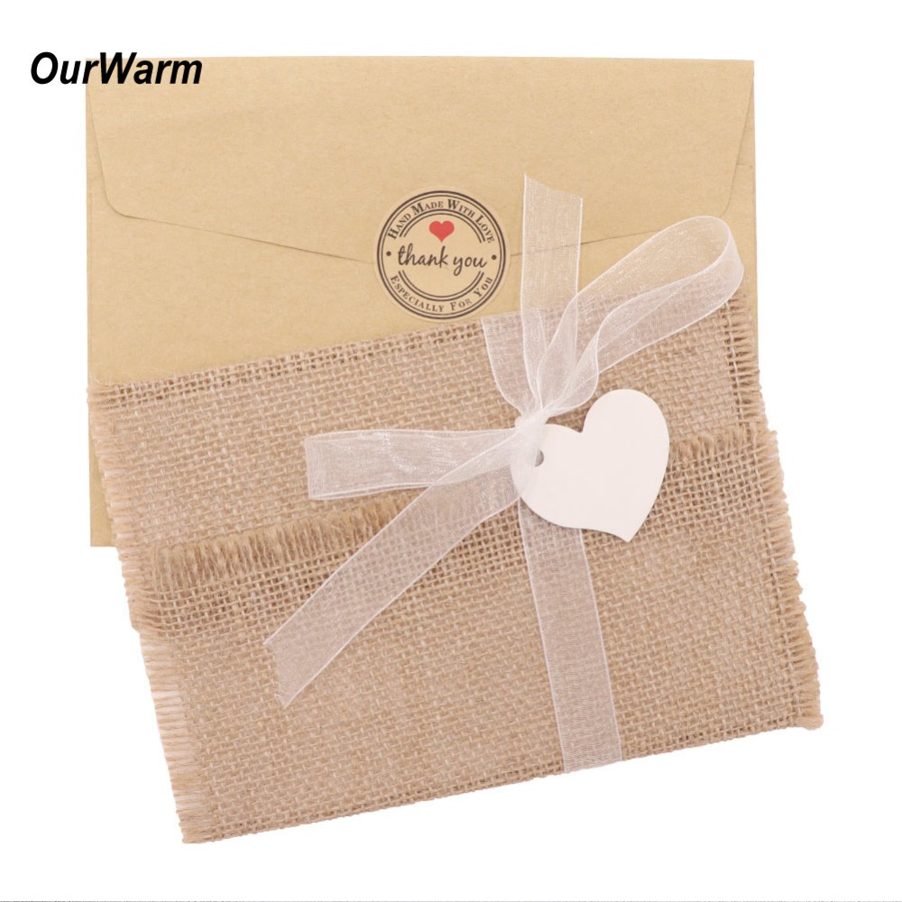 OurWarm 10Pcs DIY Uitnodigingskaarten Lint Envelop Jute Blanco Papier Doop Rustieke Bruiloft Engagement Decoratie
