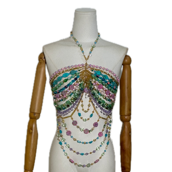 Sexy Women Handmade Turquoise Lavender Multi Stone Bead Body Chain Bikini Bra Hlater Romantic Tank Top Beachwear Lingeie: MULTI