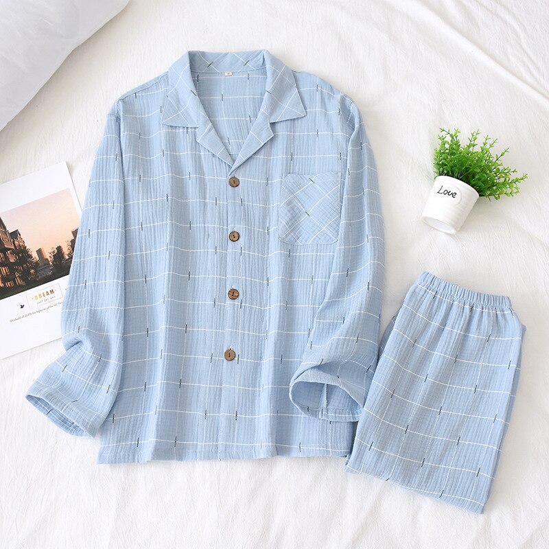 Spring Japanese pajamas sets men sleepwear 100% crepe cotton simple Starry sky casual male long sleeve pyjamas