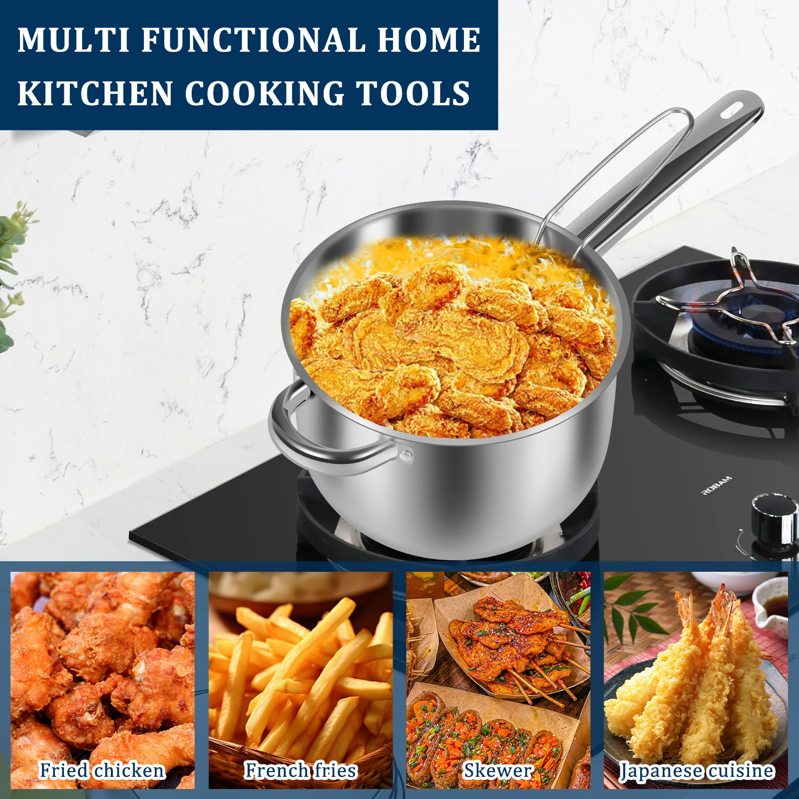 Stainless Steel fryer with French fries and chicken wings,household Mini oil pot with filter screen, Tianfu Luo Deep Fryer Pots
