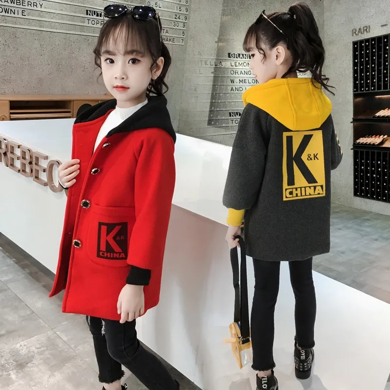 Giacca invernale in lana e misto per ragazze nuova versione coreana cappotto addensato moda abbigliamento per bambini Slim Casual con cappuccio di media lunghezza