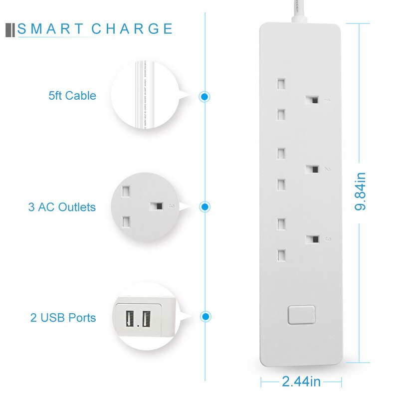Smart Power Strip - 3 AC Outlets + 2 USB Ports - 1.5m Cable - WiFi Timer Remote & Voice Control for Alexa/Google Home