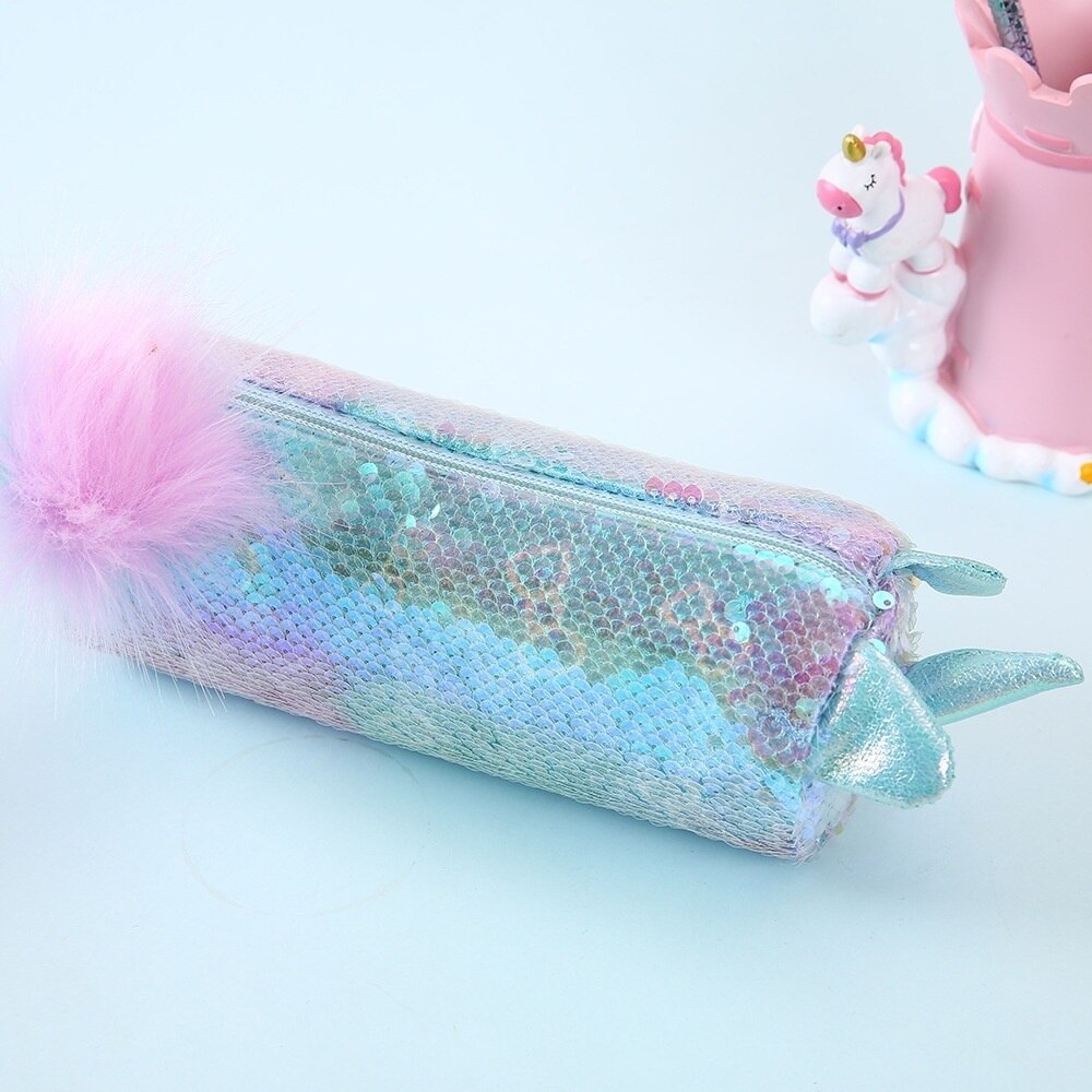 Reversible Sequin Cute Unicorn Pencil Case for Girls; Bling Bling Glitter Pink Stationery Bag ; Pensel Beg Alat Tulis: Aqua