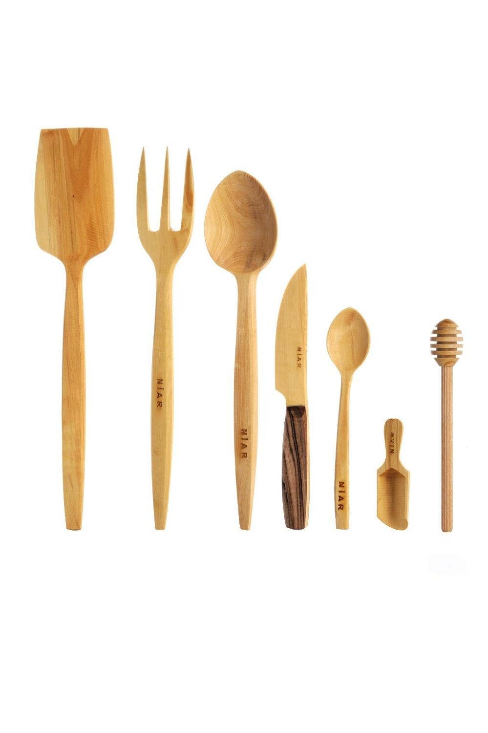 NIAR Wooden Utensil Set - 7 Piece Set Cooking Set - Handmade Kitchen Utensils Set Natural Dinner Spoon, Spatula, Vegetable Knife: Brown