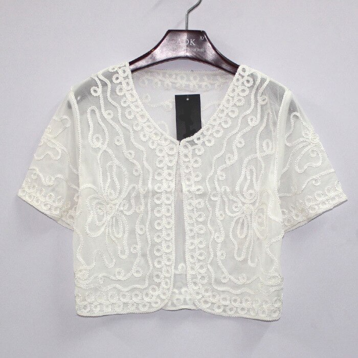 Zomer Dunne Borduurwerk Korte Mouw Kant Mesh Vest Gehaakte Shrugs Voor Vrouwen Mujer Casual Koreaanse Kleine Cape