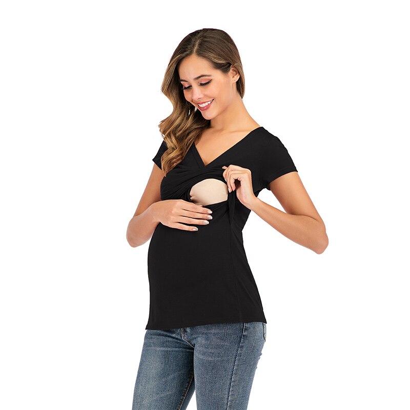 Casual Vrouwen Zwangerschap Kleding Verpleging Tops Borstvoeding Kleding Voor Zwangere Vrouwen Moederschap Solid V-hals Borstvoeding Tees: Black / L