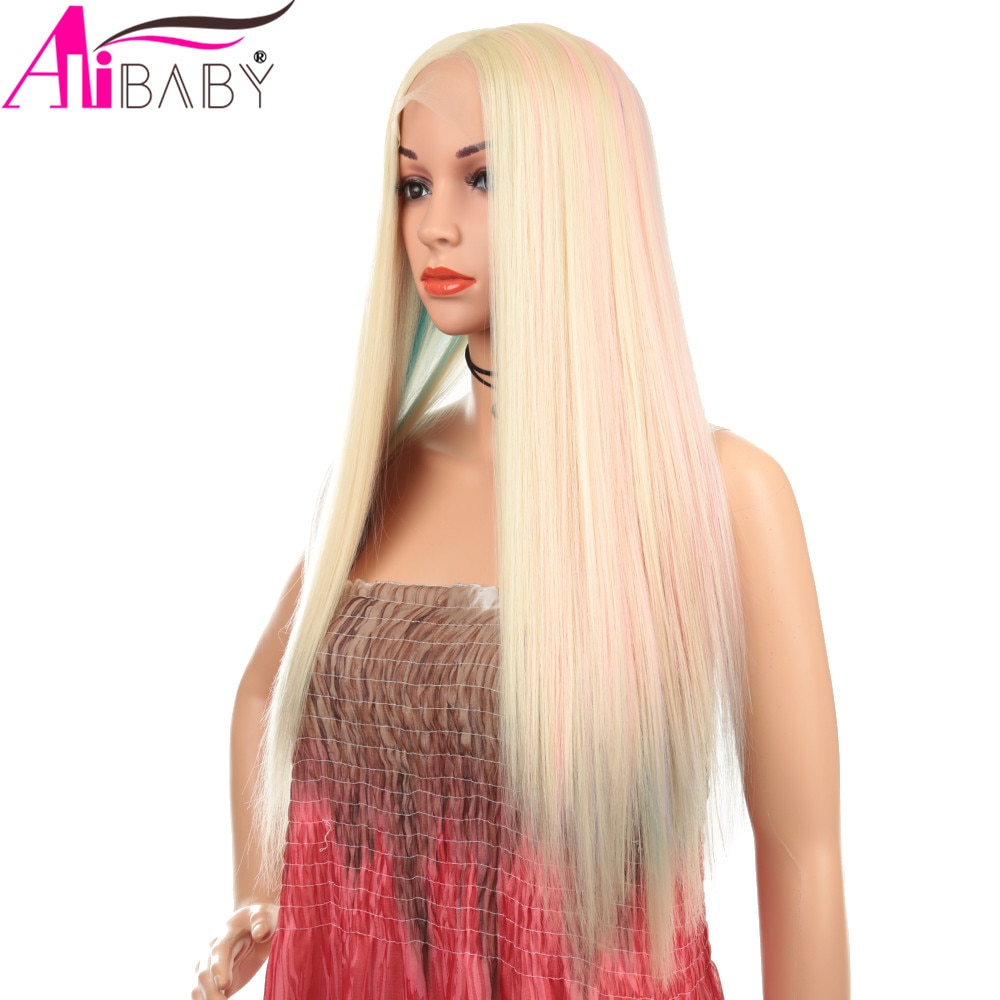 Synthetic Lace Front Wigs Straight Silky Halloween Party Glueless High Temperature Fiber Hair For Black Women Alibaby