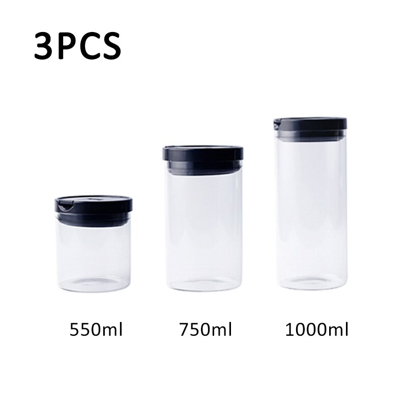 550/1000/1300 ml glas opbevaringsbeholdere til madopbevaring køkken opbevaringsbeholder boks slikflasker glas teglas forseglede dåser med låg: 3 stk - sort