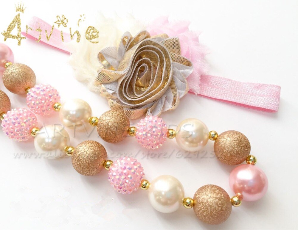 Goud & Roze Shimmer Bubblegum Kralen Ketting Voor Meisjes, Goud Verjaardag, Baby Ketting C1