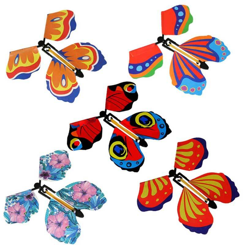 Mariposas voladoras mágicas, juguete de cuerda en el cielo, marcapáginas, tarjetas de felicitación, banda de goma alimentada, accesorios mágicos para niños, sorpresa
