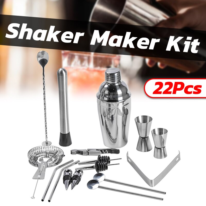 22Pcs/Set Stainless Steel Cocktail Shaker Set Drinks Strainer Bottle Opener Maker Mixer Spoon Measure Cup Bar Beginner Tool Kit