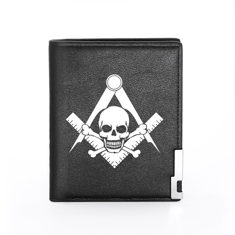 Personality Leather Wallet For Men Masonic Skull ID Credit Card Holder Short Purse: Black