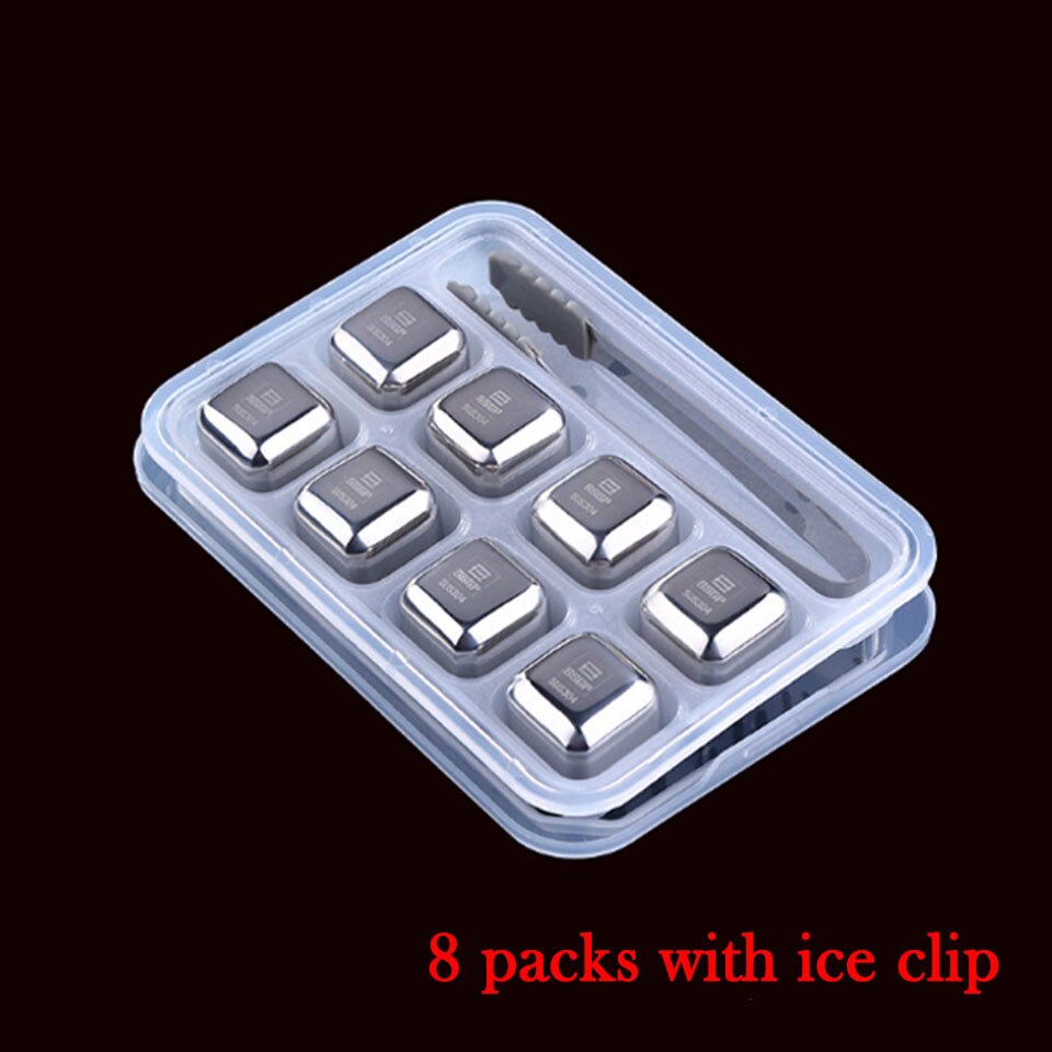 Ssgp pedras de gelo de uísque vinho, pedra de gelo 304, cubos de aço inoxidável, reutilizáveis, refrigerador de cerveja para vodka champanhe, mosto barra de barra: 8PCS with box clip