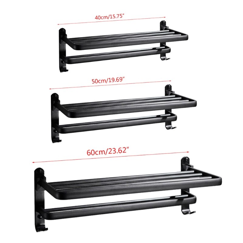 Ruimte Aluminium Zwart Handdoekenrek Wall Mounted Folding Handdoek Houder Opslag Plank Met Haak Badkamer Douche Accessoires