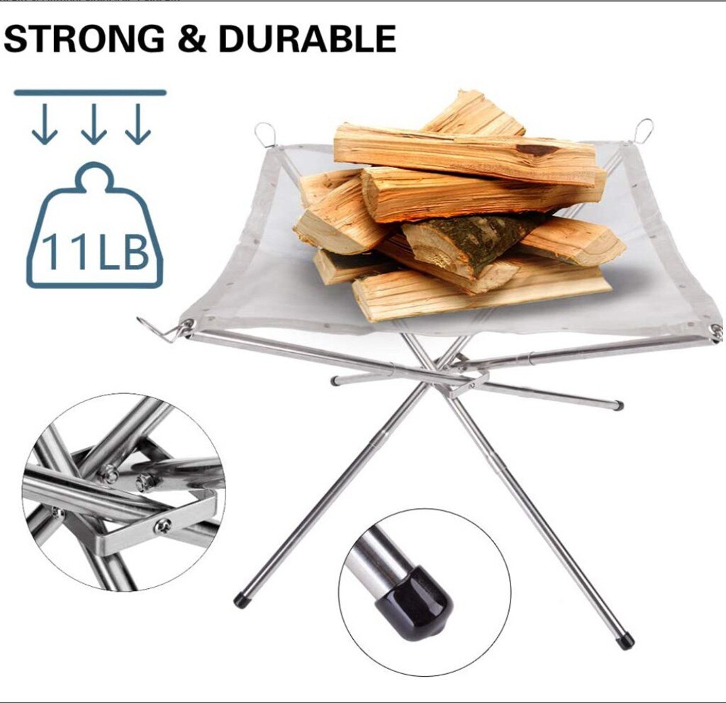Soporte plegable para pitos de fuego para Camping al aire libre, rejilla de acero inoxidable, pitos de fuego, estante de almacenamiento, soporte portátil para chimenea, herramienta de jardín