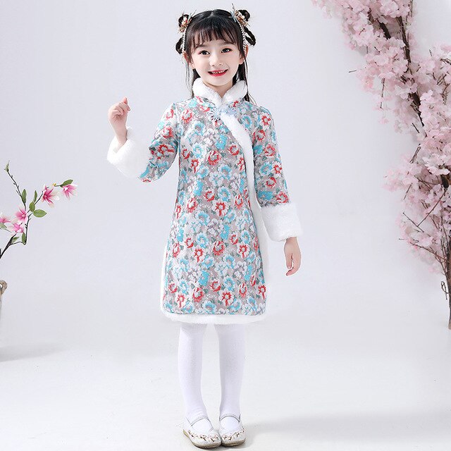 Hiver fleur fille robe pour mariage demoiselle d'honneur fête chinois Cheongsam robe fille fête d'anniversaire exécutant eucharistie robe: blue / 110