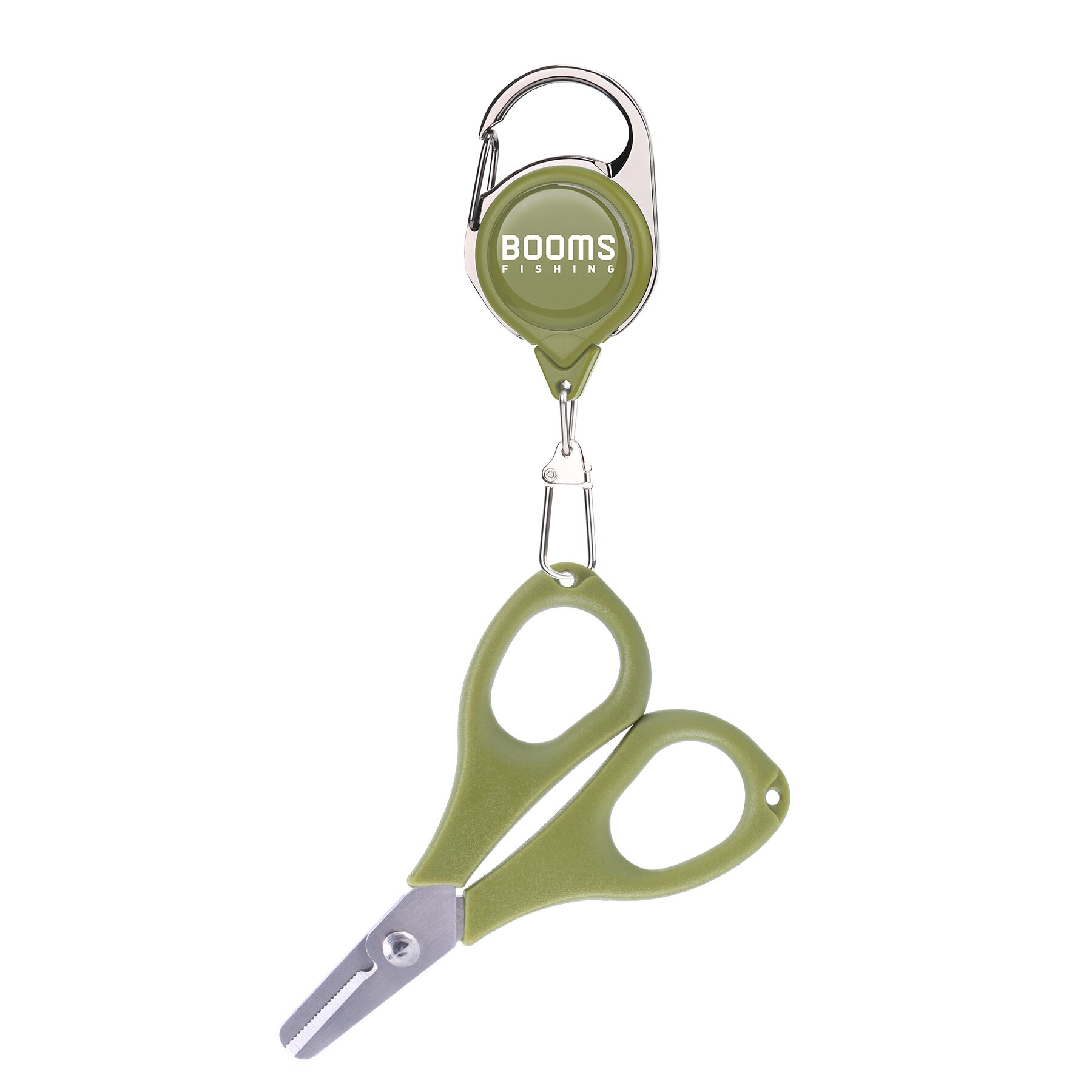 Booms Fishing S01 Braid Line Scissor Fishing Line Scissors with Retractable Badge Holder Carabiner Tackle Boxes Accessorie: green