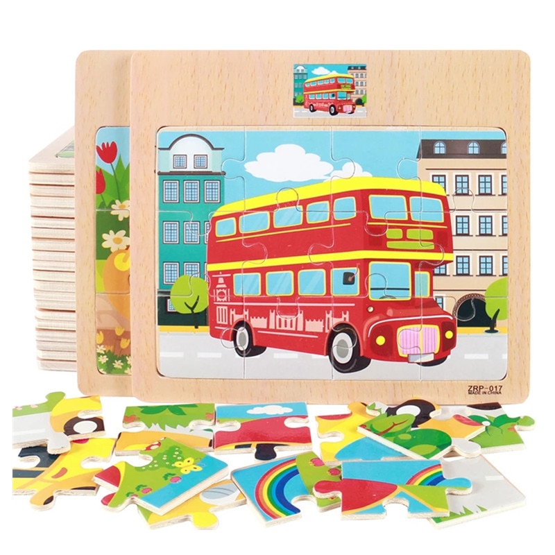 Kids Wooden Puzzles 12 Slice Cartoon Animals Traffic Jigsaw For Children Montessori Toys Educational Learning Game MG150