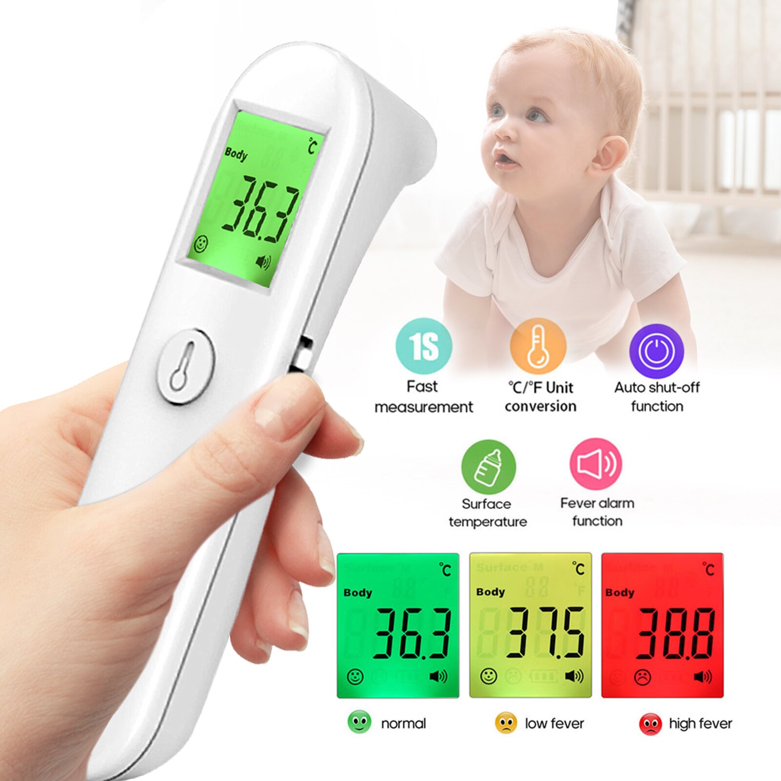 Body Thermometer Digital Non-Contact IR Infrared Thermometer Forehead Temperature Measurement 3 Colors Backlight Display ℃/℉
