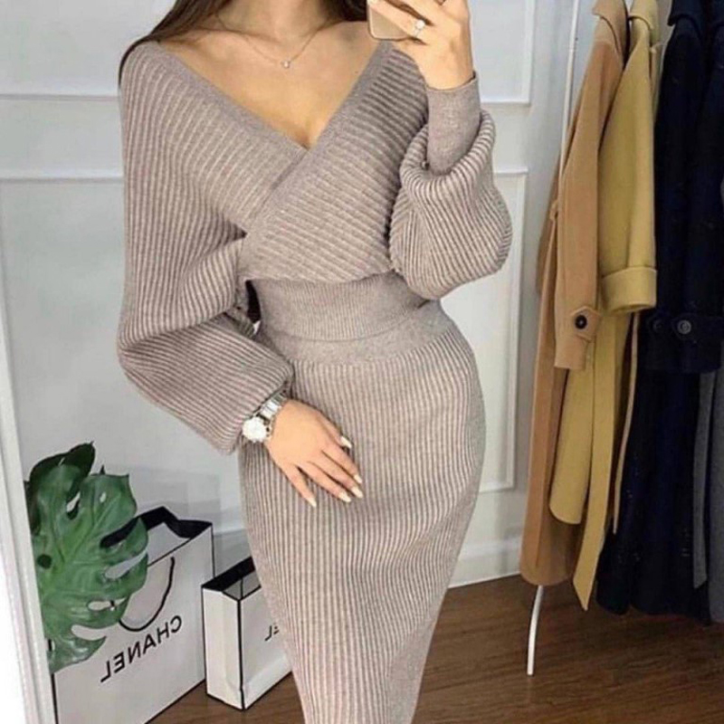 V-neck Knitting Sweater Women Set 2 Piece Pullovers Skirt Outfits For Women Suit Casual Shoulder Off Top Pack Hip Women Set