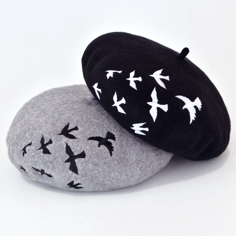 Boinas de lana de fieltro para mujer, Boina de artista bordada, gorro plano, sombreros de azafata para mujer