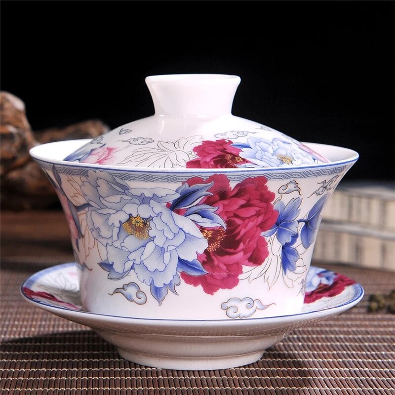 350ml Extra Big Sancai GaiWan Chinese Old Beijing Tea Bowl Jingdezhen Blue and White Porcelain Tea Cup and Saucer Set