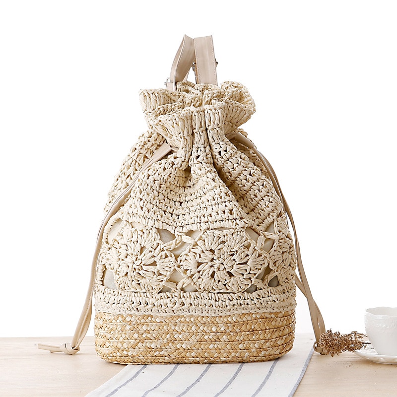 Summer Knitted Flower Drawstring Bag Crochet Straw Pouch Bohemian Hollow Out Backpack Women Textile Bags Beach