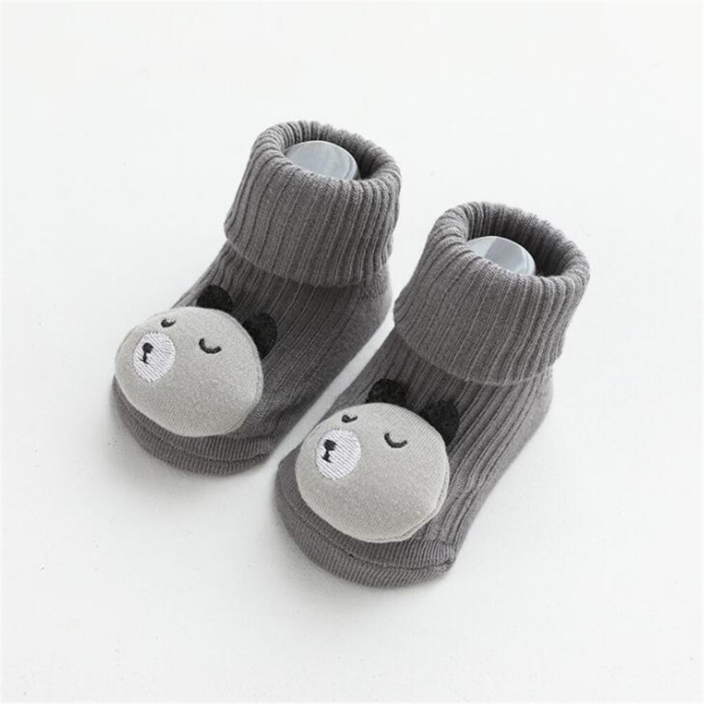 Leuke Cartoon Baby Sokken Voor Jongen Meisje Winter Lente Sokken Katoen Beer Kat Olifant Zolen Pasgeboren Peuter Sokken Baby stuff: Dark grey-Bear