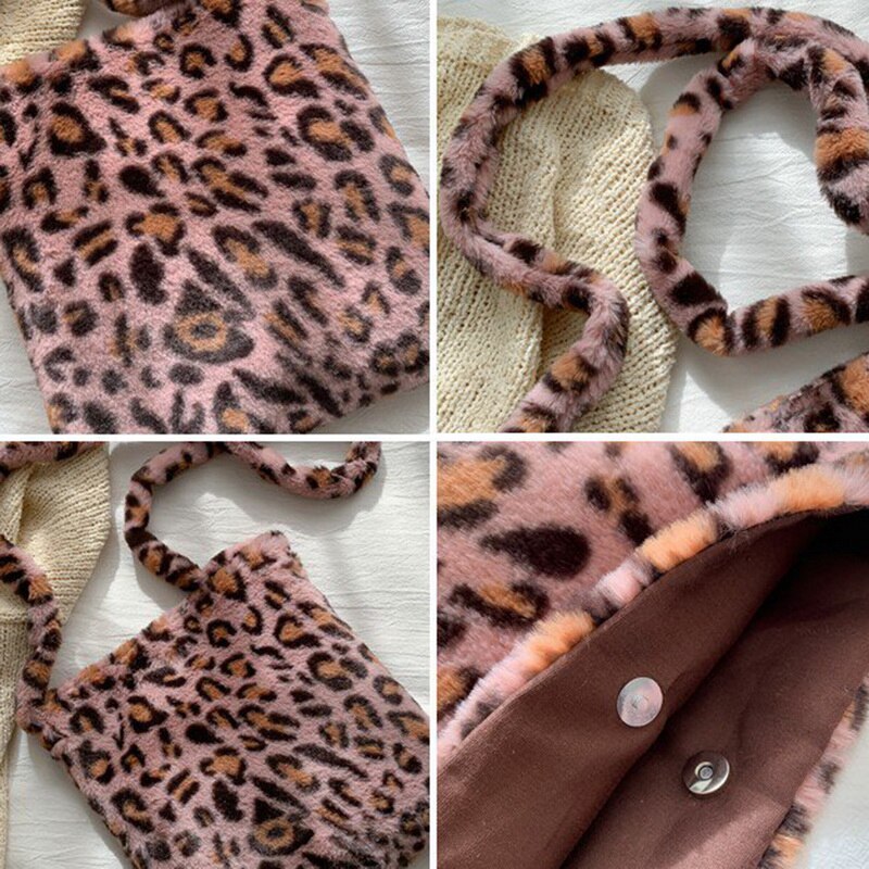 Sacos de ombro de pelúcia de leopardo quente para o outono e inverno das senhoras da forma do vintage bolsas femininas grande capacidade saco do mensageiro