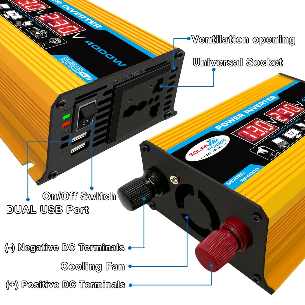 Novo 4000w 12v 220v/110v led ac inversor de potência do carro conversor carregador adaptador inversor dupla usb transformador modificado onda senoidal