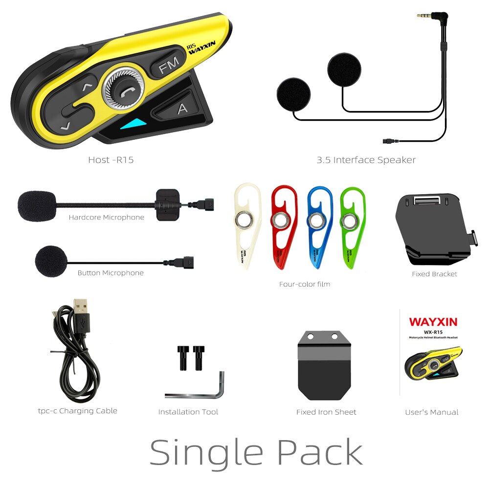 Wayxin 1Pcs Bluetooth 5.0 Intercom Motorhelm Headsets 2 Rider 1200M Intercom Moto Interphone R15 Fm Muziek Delen: Default Title