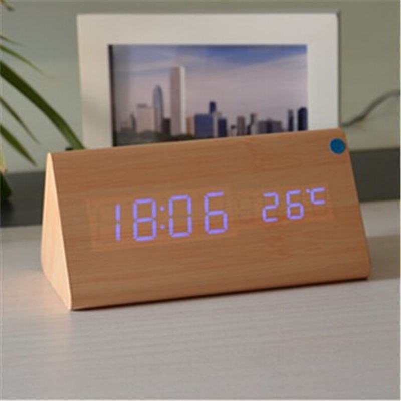 triangular wooden clock,sound control,thermometer,4 color LED display,digital desktop bedroom alarm clock on desk