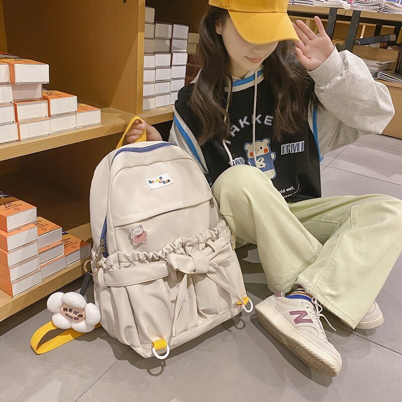 Korean Style Women Sweet Backpack Large Capacity Open Pockets Kawaii Female Bow School Bags for teenager Girls Travel Backpacks