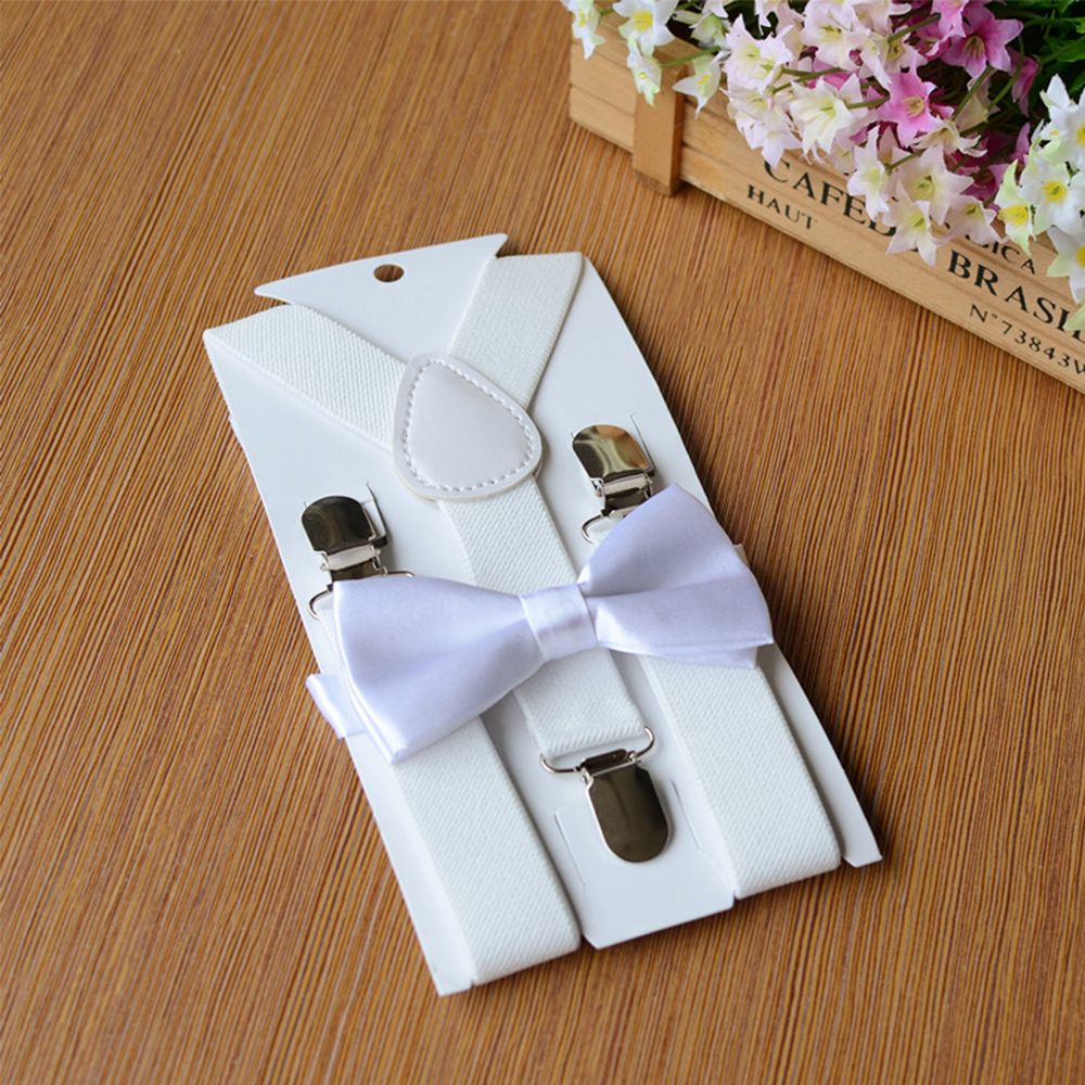 Børn elastiske seler butterfly sæt matchende smoking jakkesæt unisex dreng pige bowtie bryllup kostume justerbar y-tilbage bøjle bælte: Hvid