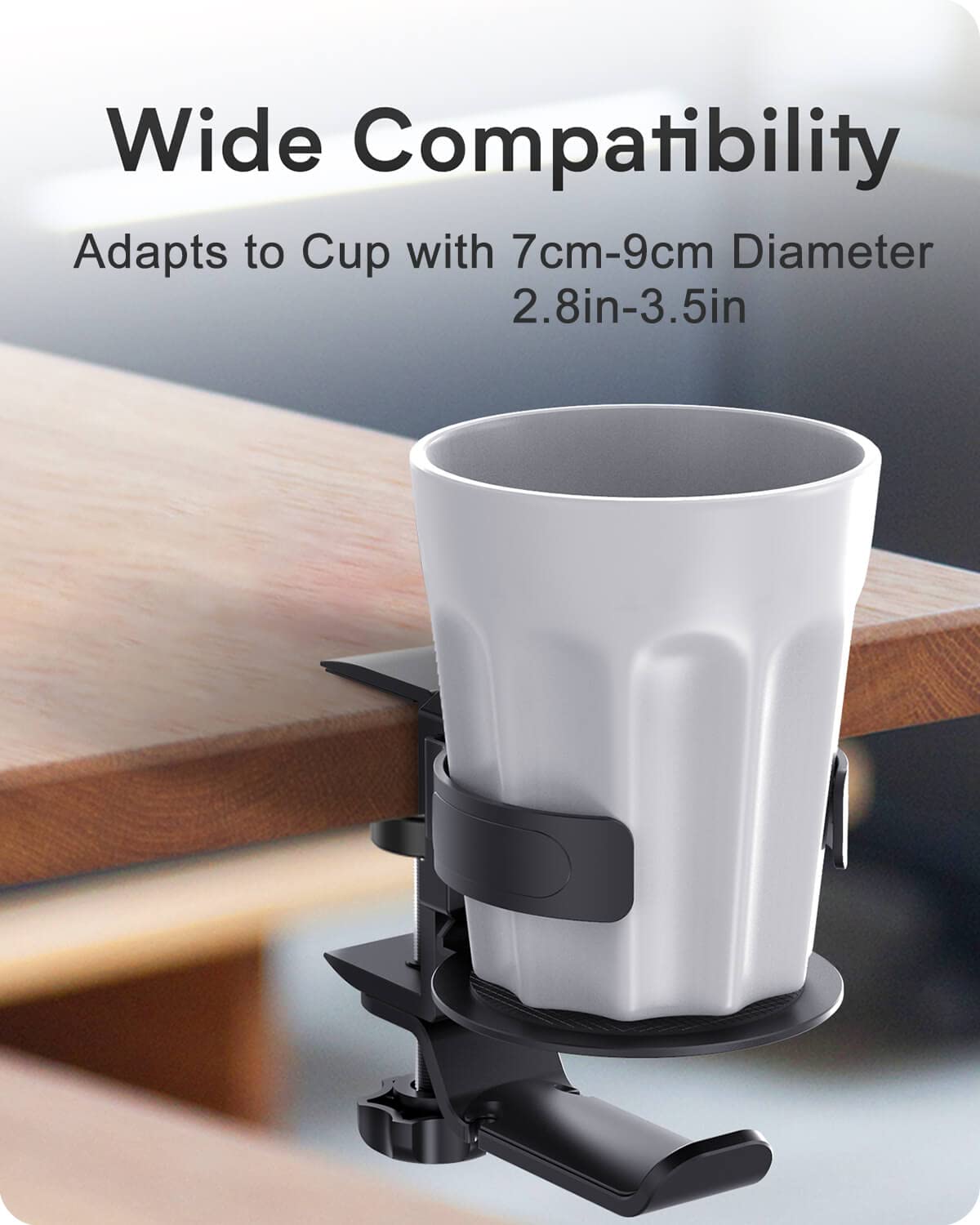 Bureau bekerhouder zwart 2 in 1 - onder tafel hoofdtelefoonhouder mechanisch telescopisch anti-lek bekerholster, 360 ° Rotatiehanger A