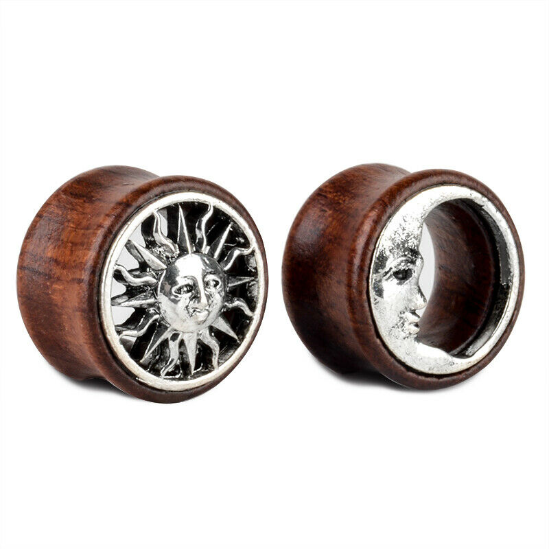 Tapones para los oídos de madera para hombre y mujer, aretes con medidores de luna y sol, expansor de túnel para carne, joyería para Piercing corporal, 2 uds.