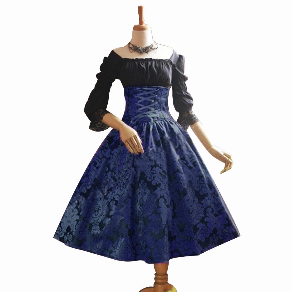 MISSKY Vrouwen Grote Zoom Slanke Taille Kanten Jurk Lange Mouwen Retro Beierse Nationale Oktoberfest Kostuum Jurk: blue / S