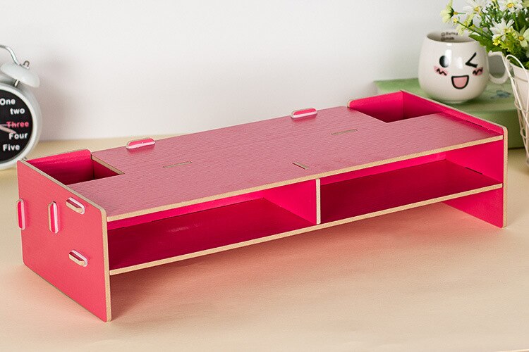 Wood Assembled Monitor Stands with 2 Drawers Office Table Storage Organizer Keyboard Computer Screen Rack Laptop/Screen Bracket: Red