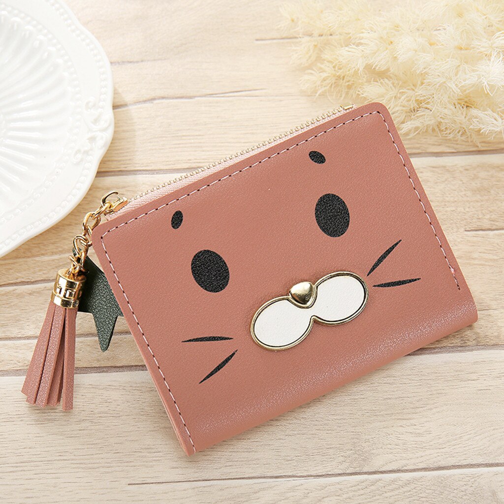 Mini Cute Cat Womens Tassle Wallets Purses Short Female Coin Purse Credit Card Holder Ladies Outdoor Travel Cluth Bag: Khaki