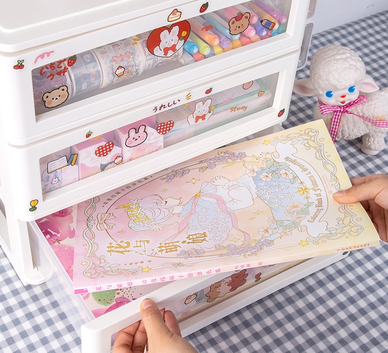 MINKYS Kawaii ABS Drawer Desktop Organizer Desk Storage Box With DIY Free Sticker School Stationery Accessories