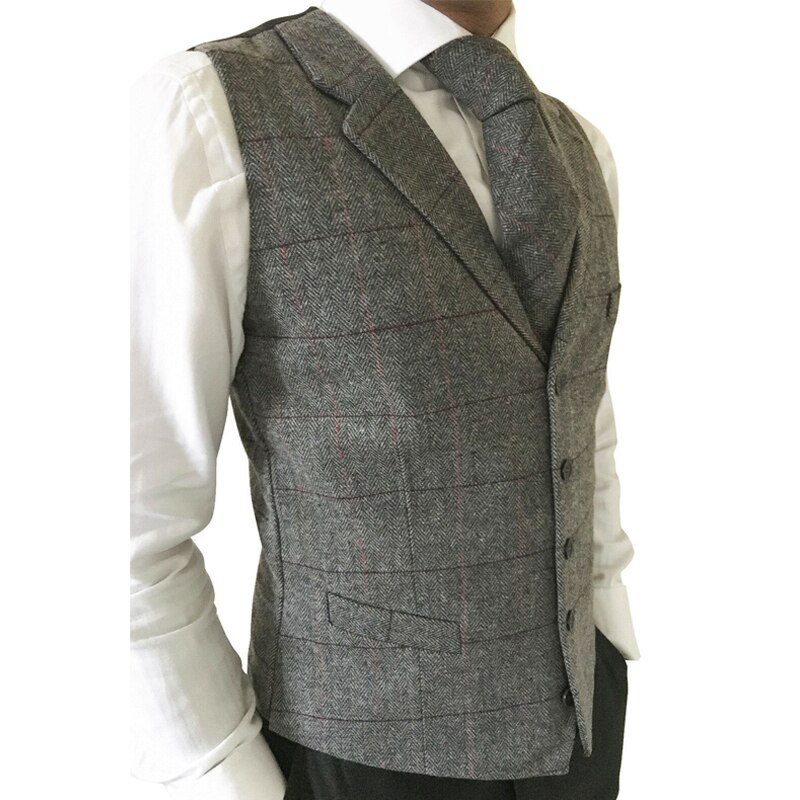 Chaleco gris para hombre, ropa informal de satén con solapa mezclada de lana a rayas a cuadros, sin corbata