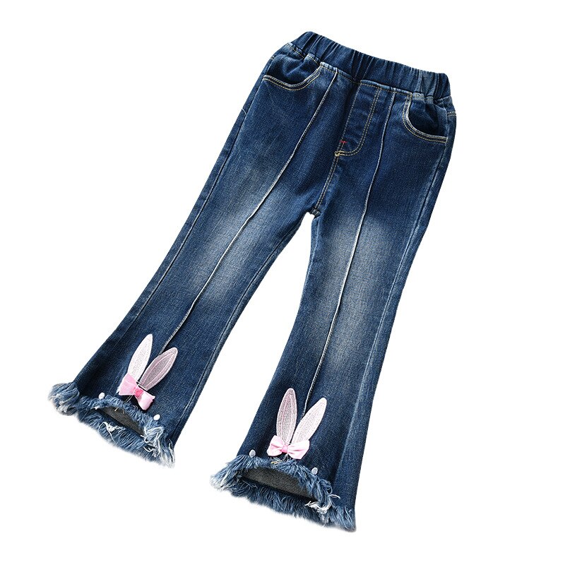 Lente Herfst Baby Meisjes Jeans Koreaanse Kids Meisjes Boot Cut Broek Leuke Konijnenoren Boog-Knoop jeans Broek Voor Kind