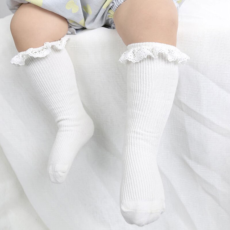 Lace Ruffle Baby Girls Socks Cute Soft Cotton Non-Slip Knee High Socks For Toddler Solid Color Kids Children Legs Socks