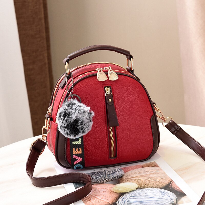 Solid Color Women Shell Bag Portable Shoulder Bag PU Leather Female Bag With Gray Hair Ball: Wine Red