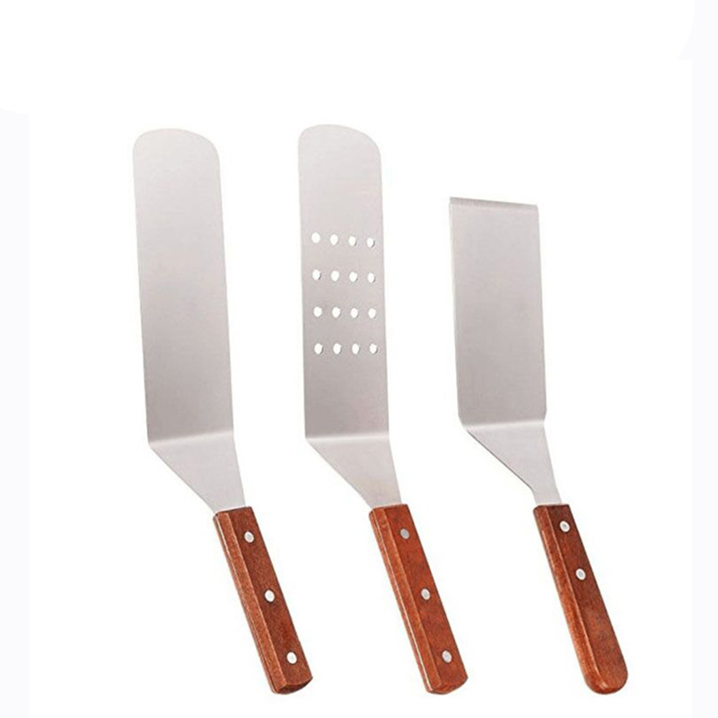 Stainless Steel Cooking Spatula With Wooden Handle BBQ Grill Turner Cutlets Bacon Teppanyaki Pancake Frying Fish Shovel Spatula