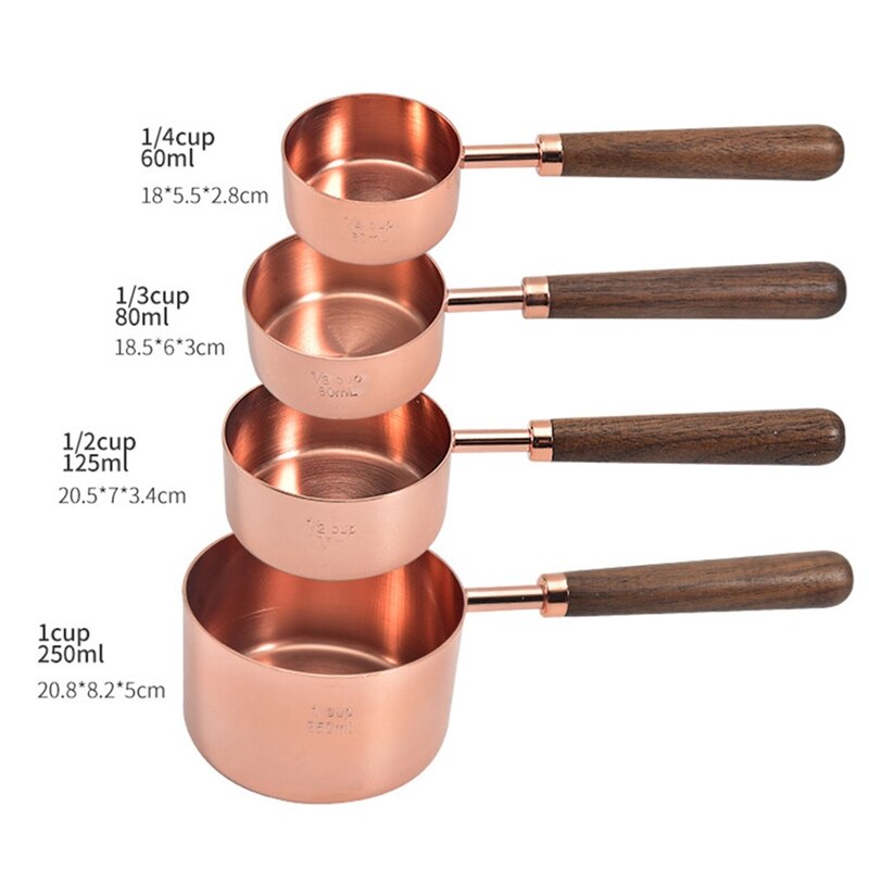 Juego de cucharas de medir de cocina, conjunto de herramientas de horneado, Escala de cucharilla, medida, mango de madera de nogal, taza de medición de oro rosa para el hogar y la Oficina, 4 Uds.