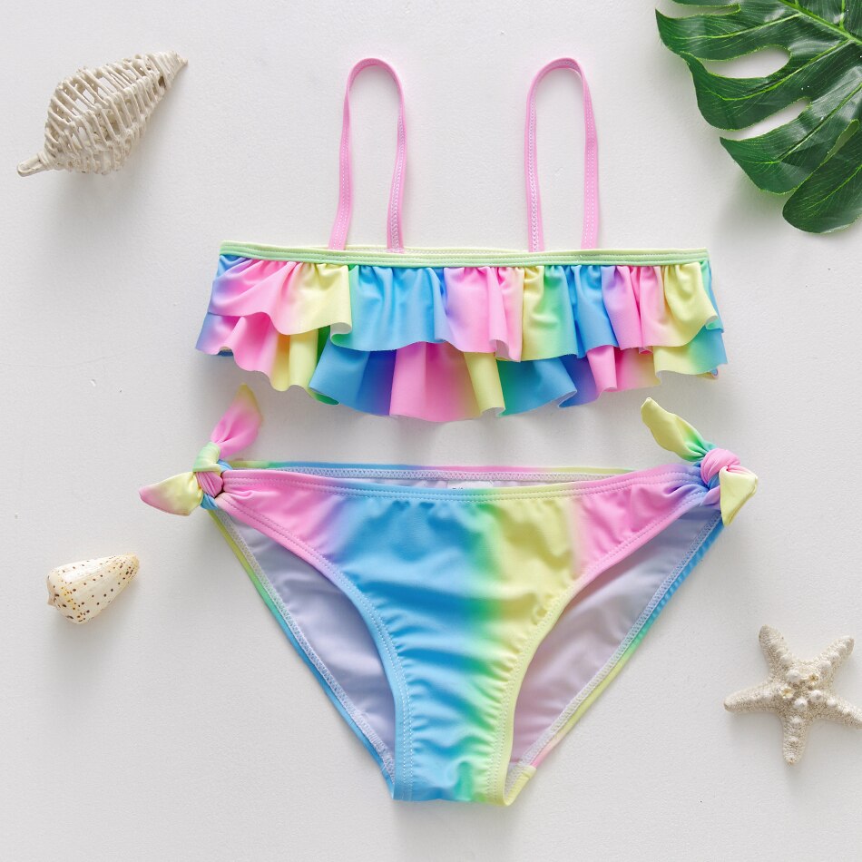 3-12Years Meisjes Ruffle Franje Bikini Badpak Set 2022 Twee Stukken Zomer Strand Dragen Voor Kleine Kind Meisjes Regenboog badmode: 11-12years