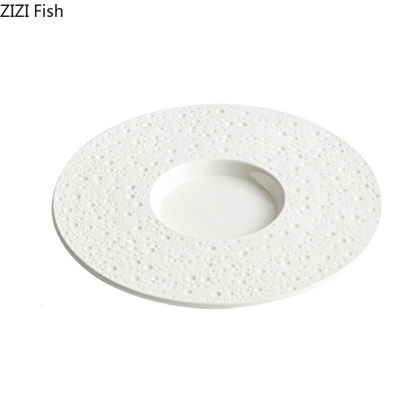 Plato blanco con forma de sombrero de paja para el norte de Europa, vajilla de decoración para restaurante, plato de sopa de carne y espagueti, plato de postre y fruta