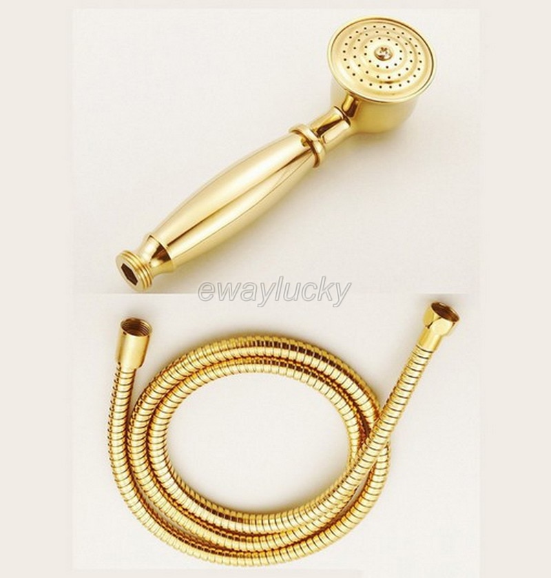 Høj guldfarve messing badeværelse håndholdt bruser  + 1.5m guld messing brusehoved slange rør badeværelse bruserslanger 1/2 ''  wt666